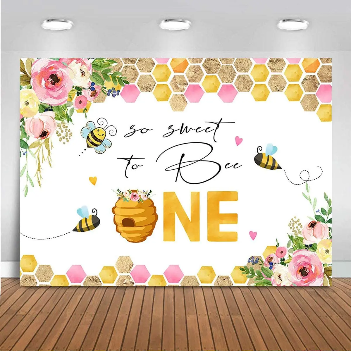 

Sweet As Can Bee Baby Shower Backdrop Cute Honeycomb Bee Theme for Girl Birthday Party Decorations Cake Dessert Table Banner