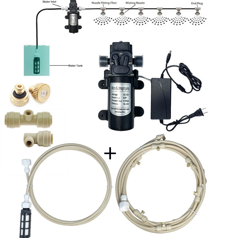 

New Water Tap Connect DC 12V Misting System Booster Diaphragm Water Pump Sprayer 6M - 18M Fog Nozzles Mist Cooling Watering Kits