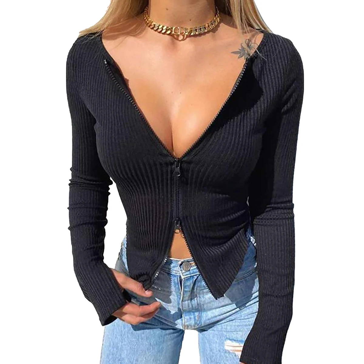 90s Vintage Korean Elegant Crop Tops Women Double Zipper Up Rib Knitted T-shirt Spring Autumn Long Sleeve Slim Fit Basic Tees