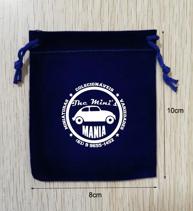 500pcs Custom Logo 8x10cm Drawstring Blue Velvet Bags Printed With White logo