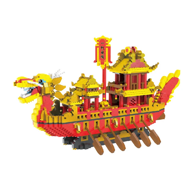 Creative China Dragon Boat Micro Diamond Block Royal Ship Building Brick Assemble Model Nanobrick Toy Collection For Adult Gift