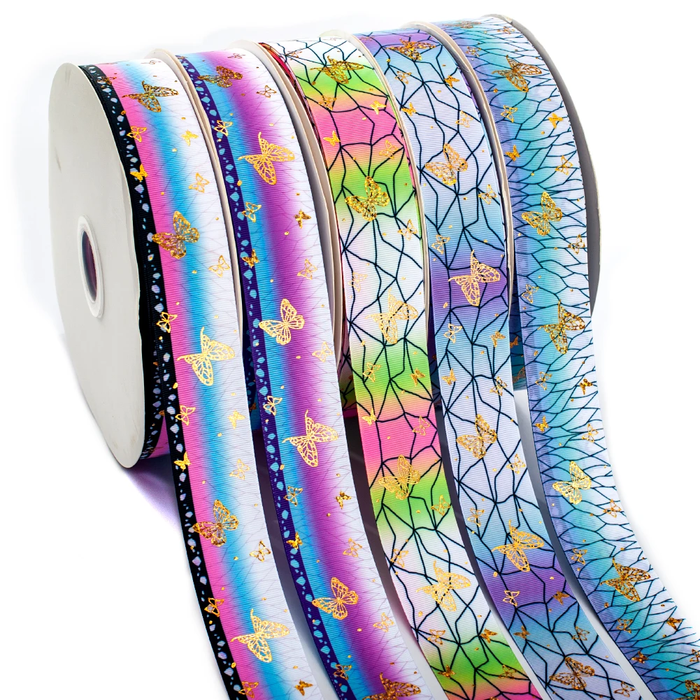 

Butterfly Gold Foil Double Side Printed Kimetsu No Yaiba Background Grosgrain Ribbon