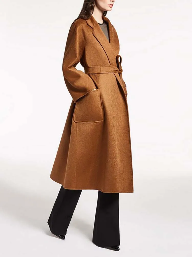 

WQJGR High Quality 100% Cashmere Long Coat Women Turn-down Collar Sashes Cashmere Coat Women