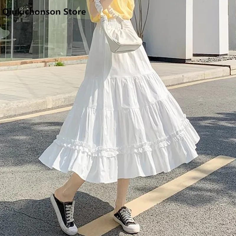 Qiukichonson Spring Summer High Waist Long Midi Skirts Women Cute Stitching Frilly Ruffle Big Swing A-Line Skirts Black White