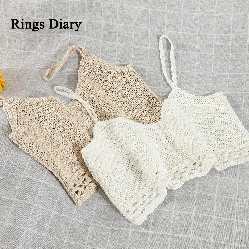 Rings Diary Women Crochet Cotton Crop Tops Spaghetti Strap Openwork Sexy Short Tops Cool Girls Backless Going Out Crochet Tops