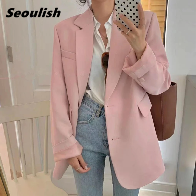 Seoulish New 2021 Autumn Pink Women's Blazers Single Breasted Jackets Fashionable Vintage Oversize Elegant Office Tops Pockets