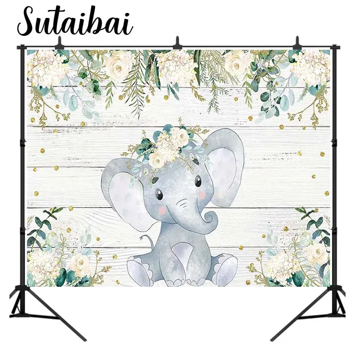 Elephant Baby Shower Backdrop Rustic Wood Floral Boy Girl Kids Birthday Party Banner Green Leaves Photography Background