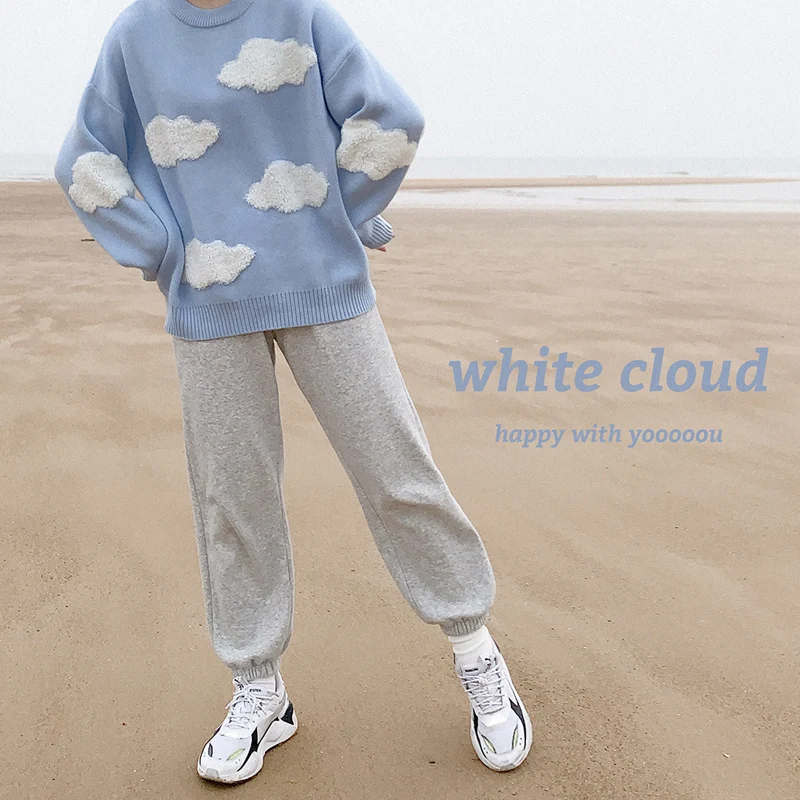 Kawaii Cloud Sky Blue Knitted Sweater Women Cute Soft Knitwear Girls Vintage Jumper Korean Fashion Ulzzang Long Sleeve Pullovers