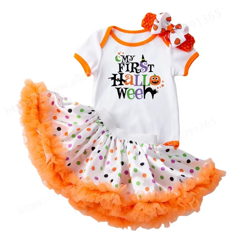 

Baby Girls Dress 1st Halloween Outfits Short Sleeve Romper +Tutu Dress+Headband Skirt Set