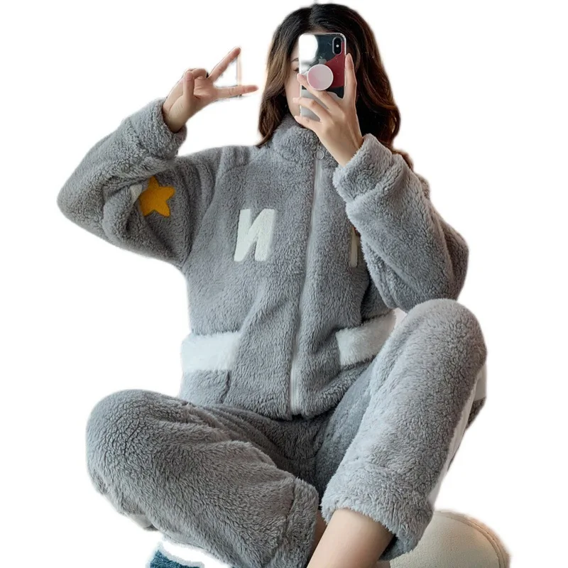 Novelty Pajamas Winter Hooded Thick Flannel Pajamas Set Fat Laides Velvet Nightwear Sweatshirt Warm Kawaii Home Clothes