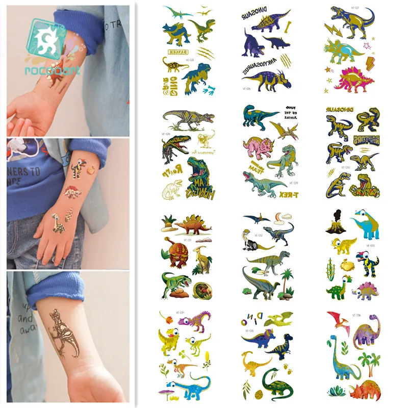 12pcs/Sets Cartoon Metal Dinosaur Temporary Kid Tattoo Funny Animal Fossil Flash Fake Taty For Boys Girl Tattoo Sticker