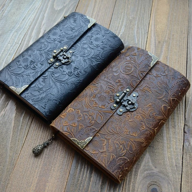 

Embossed Pattern Soft Leather Travel Notebook with lock Key Diary Notepad Kraft Paper for Business Sketching Writing