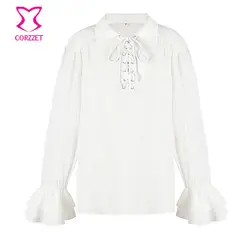 White Front Lace Up Turn Down Collar Flare Sleeve Loose Victorian Gothic Medieval Shirt Men Steampunk Top Mens Vintage Clothes