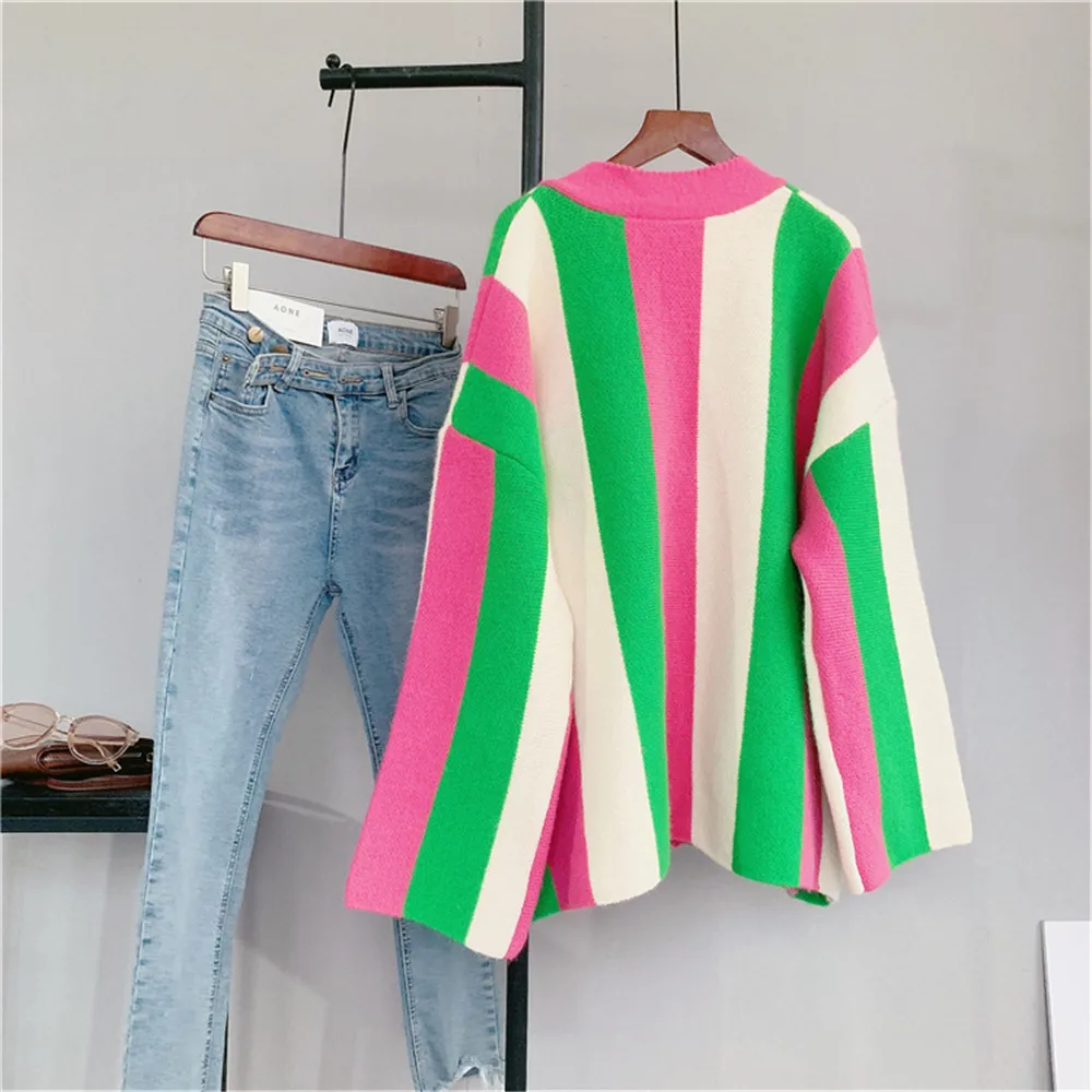 Popular Pink Green Striped Color-block Knitted Cardigan Loose Greek Sorority A Sign Club Sweater Coat For Girl Women