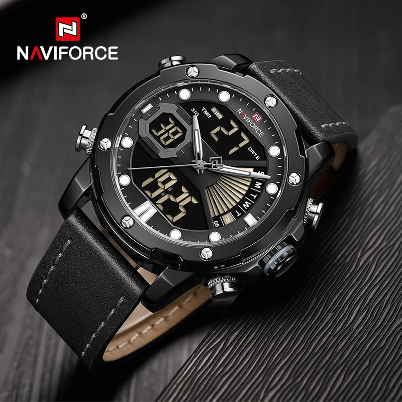 

Fashion Business Watch for Men NAVIFORCE Luminous Digital Waterproof Wristwatch Chronograph Leather Male Clock Relogio Masculino