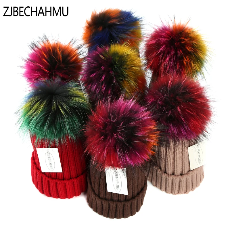 

Fashion New Real Fox Fur Mink Pompoms 15cm Skullies Beanies Hats For Women Girl Winter Hats Children Warm Skullies Beanies Hats