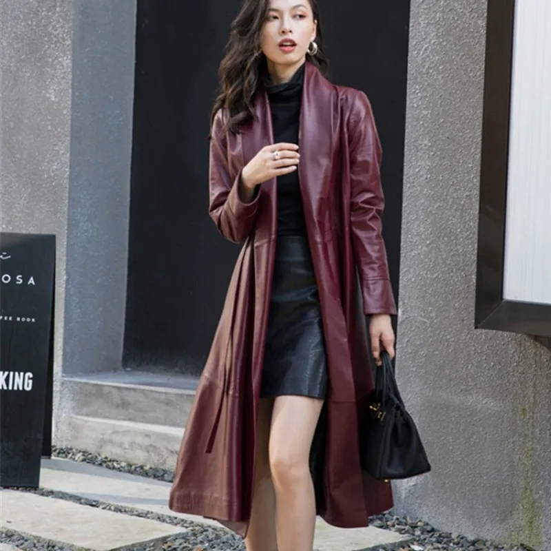 Elegant Women Long Sheepskin Genuine Leather Jacket Belted Slim Fit Trench Coat Ladies Vintage Windbreaker Real Leather Jackets