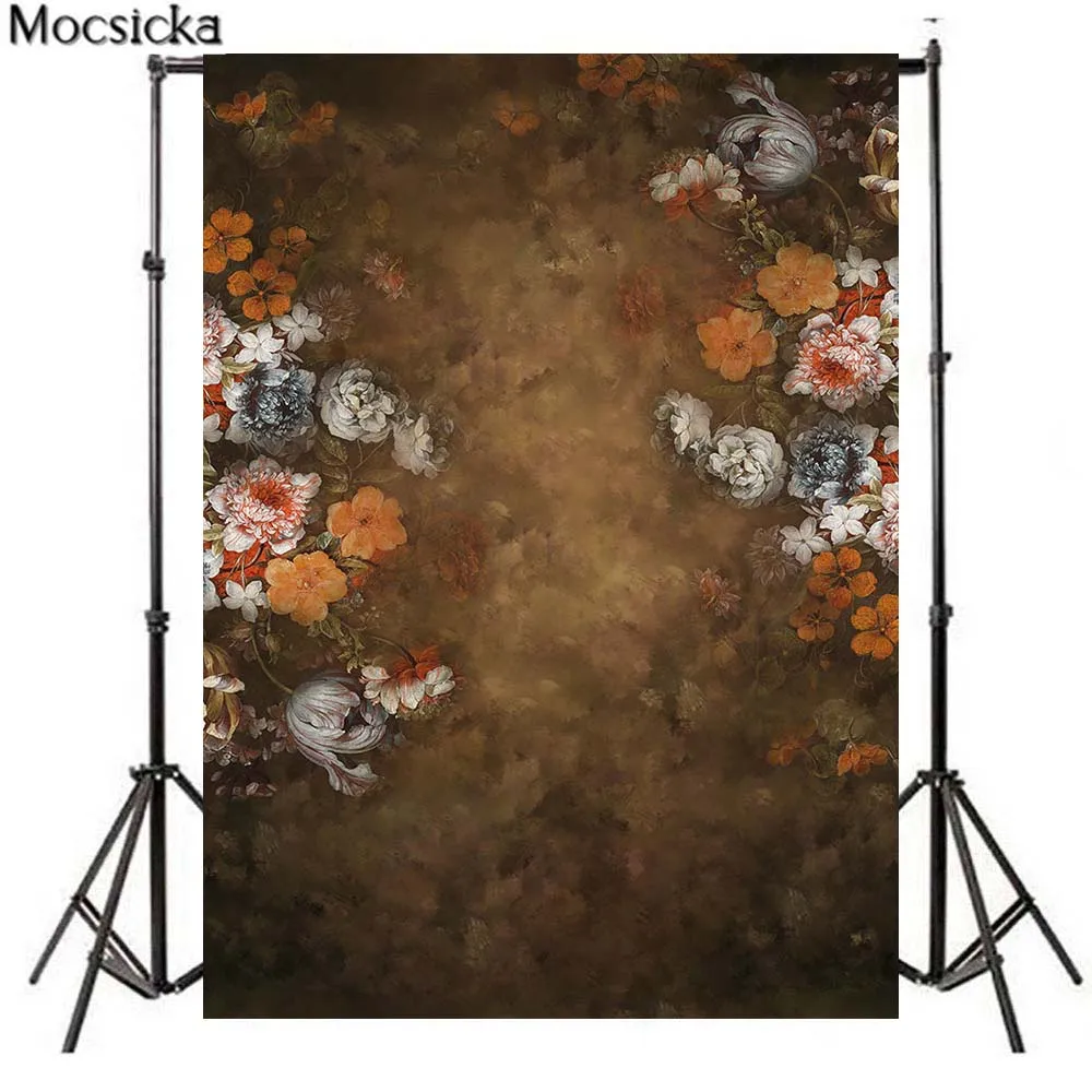 Mocsicka Brown Retro Florals Photo Background Baby Newborn Portrait Photography Props Women Photoshoot Backdrop for Photo Studio