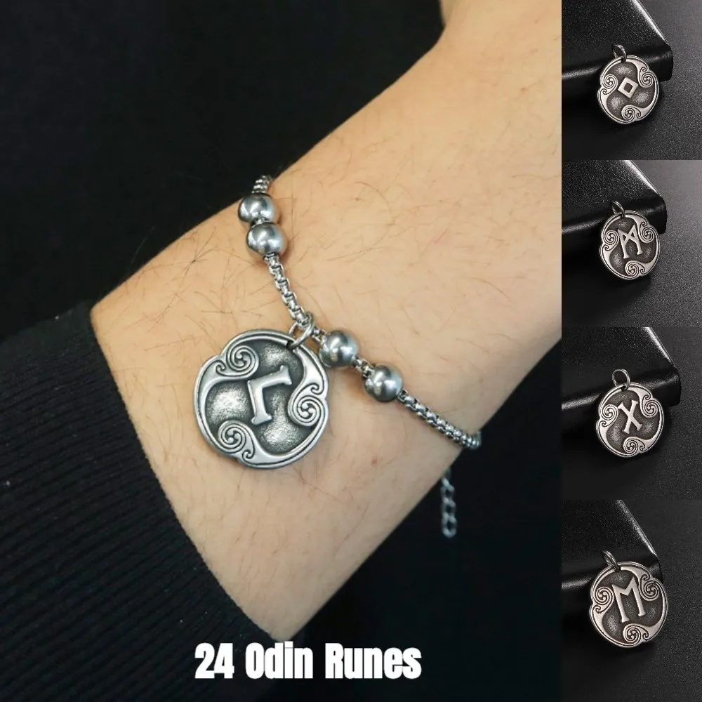 LIKGREAT Vintage 24 Runes Nordic Letter Charms Bracelet Stainless Steel Pendant Bracelets Vintage Jewelry Gift for Men Women