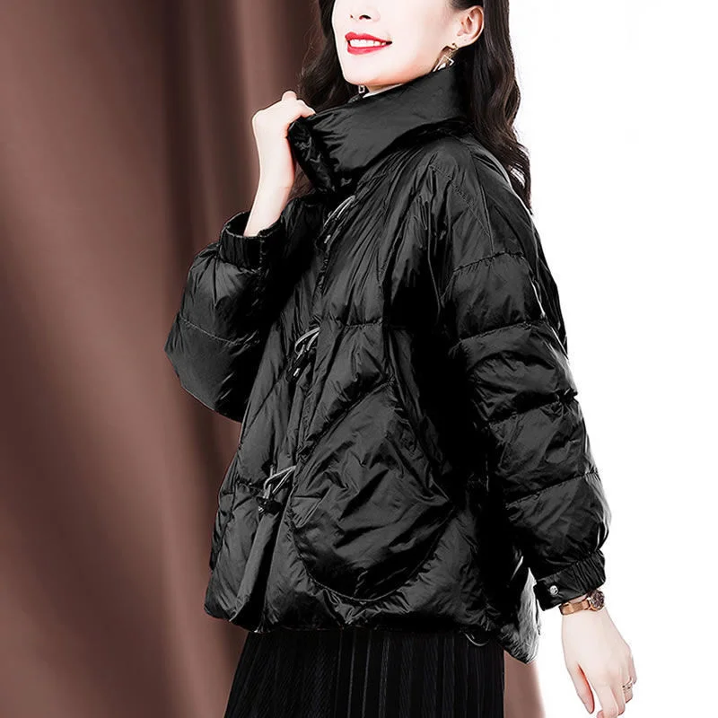 Female Winter New Fashion Horn Buckle Loose Retro Stand-up Collar Fashion Thick Coat Women Korean Short Down Cotton Jacket A868