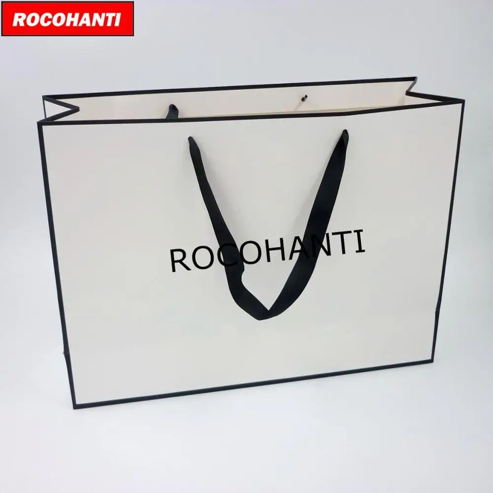 100X Custom Logo Print Apparel Retail Black Frame White Shopping Gift Bags Carrying Bag With Ribbon Handle For Garments