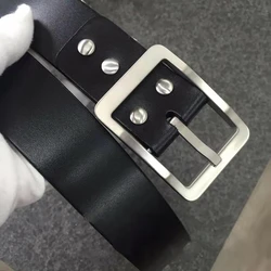 Solid Titanium Belt Buckle 3.8 Cm with Real Black Leather Strap And 4pcs Pure Titanium Screws for Men's Fashion Accessory