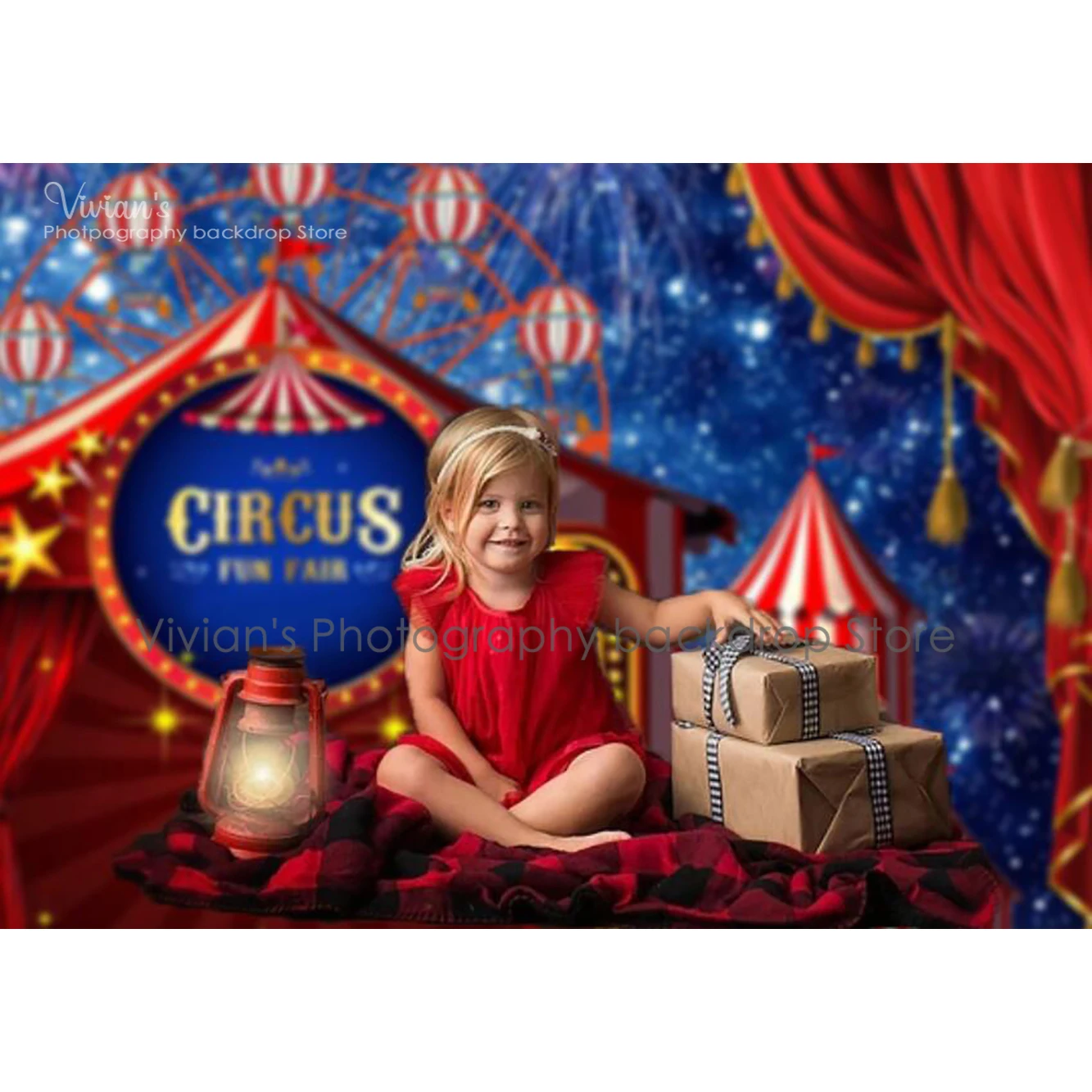 Mocsicka-telón de fondo de circo para niños, cartel de cumpleaños, accesorios para pastel, fuegos artificiales, noria, cielo nocturno brillante, primer cartel para estudio fotográfico