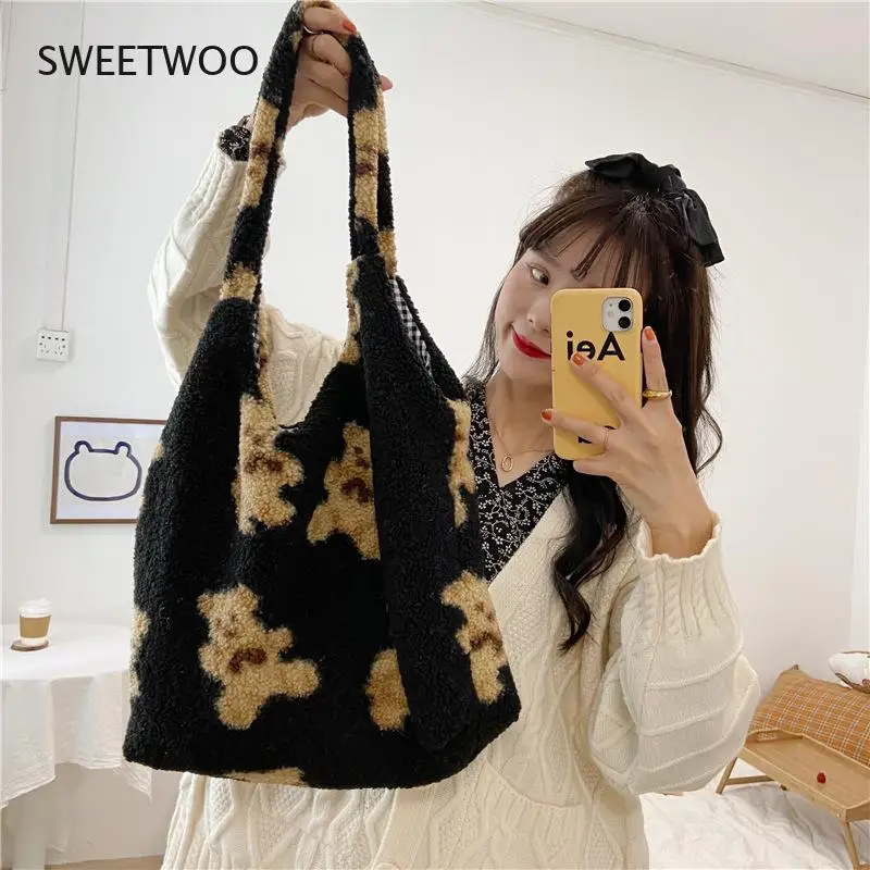 Autumn and Winter New Plush Bear Positive and Negative Shoulder Bag Japan and South Korea Ins Large-Capacity Student Shopping Ba