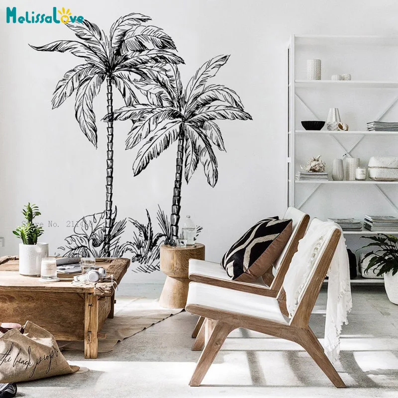 Two Palm Trees Tropical Wall Stickers Beach Style Home Decor Sketch Design Leaves and Plants Decals YT6432