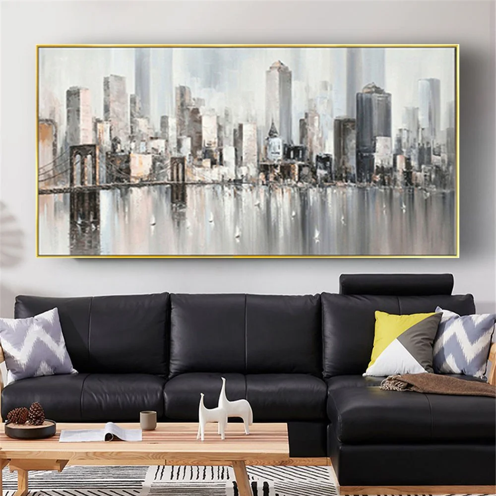 

100% Handpainted Canvas Oil Painting White Gray New York Handmade Abstract Art Decorative Picture For Living Room Wall Cuadros