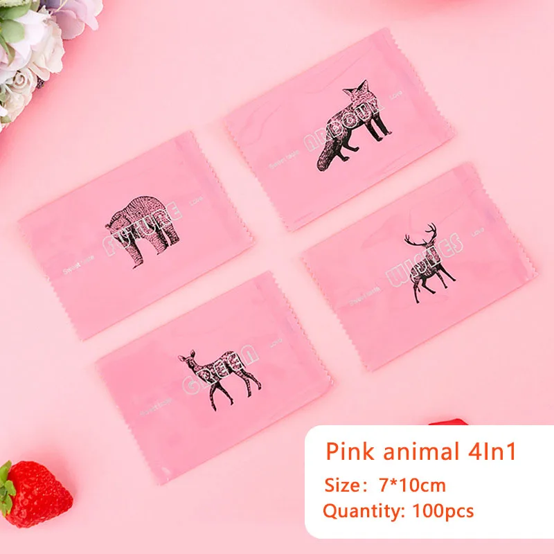 100pcs/lot Pink Frosted Wild Animals Decor 4In1 Nougat Wrapping Bag Fox Bear Deer Baptism Sugar Packaging Candy Party Gift Wrap