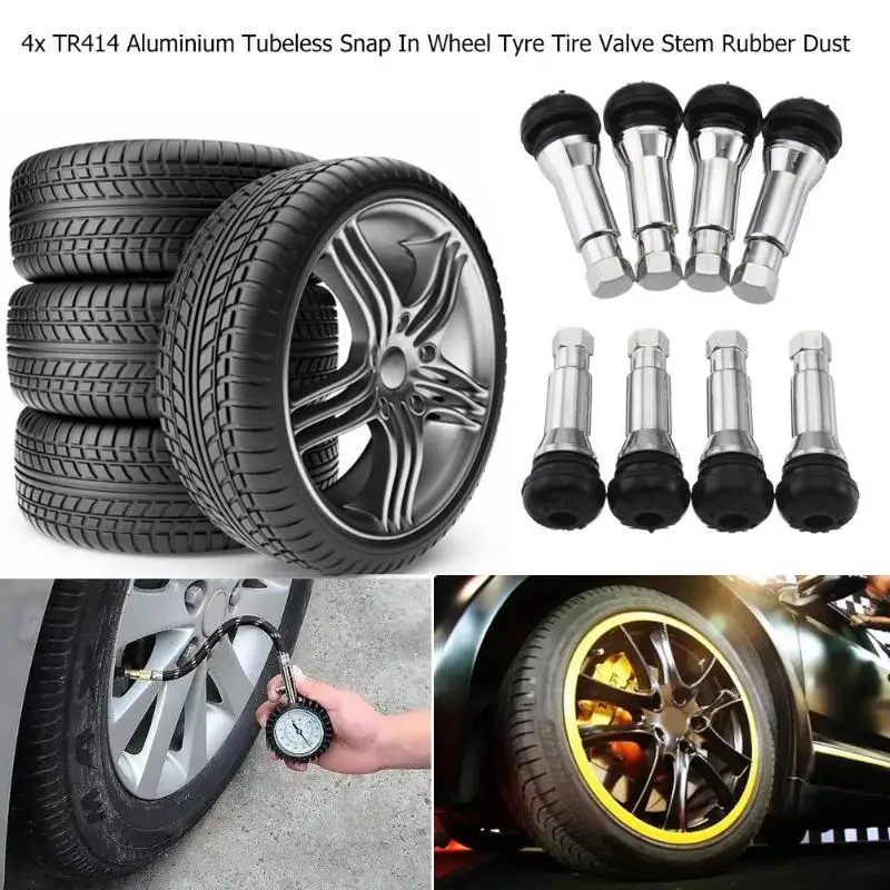 4Pcs/Set TR414 Chrome Aluminium Tubeless Tyre Valve Stem Cap Snap In Wheel Tire Valve Core Stems Rubber Dustproof Cover