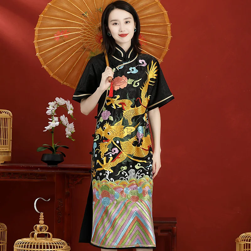 Spring And Autumn High-End Custom Chinese Style Hand Embroidery Dragon Robe Short Sleeve Mid-Length Lady Dress S-3XL