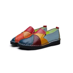 Genuine Leather Shoes Women Middle Aged Mothers Retro Platform Flat Shoe Mixed Color 2021 Slip on Loafers Female Plus Size 35-42