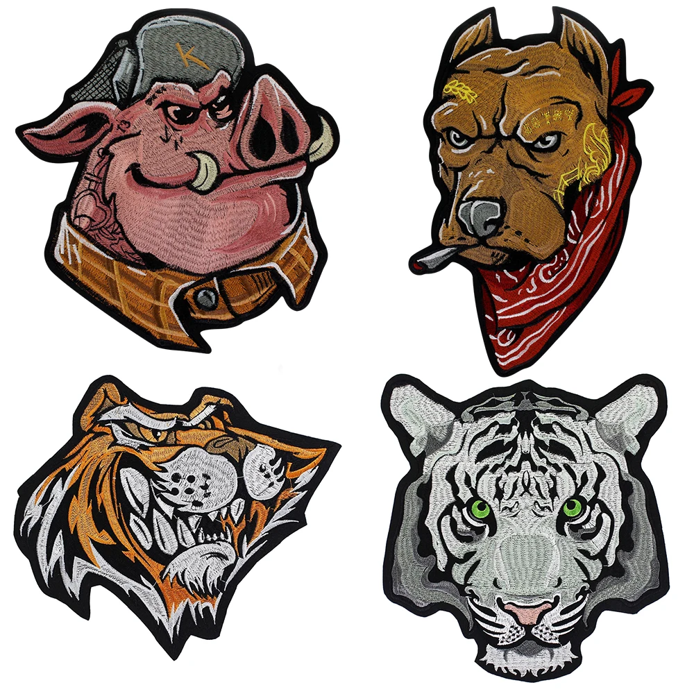 Grande tigre porco cão bordado remendos ferro no emblema diy para jaqueta de motor punk motociclista listras adesivos apliques 1pc th1640