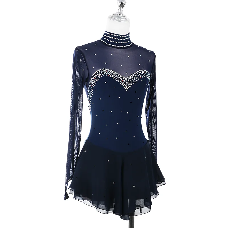 Navy Blue Red Figure Skating Dress For Women And Girls Long Sleeve Ice Figure Skating Clothes With Rhinestones