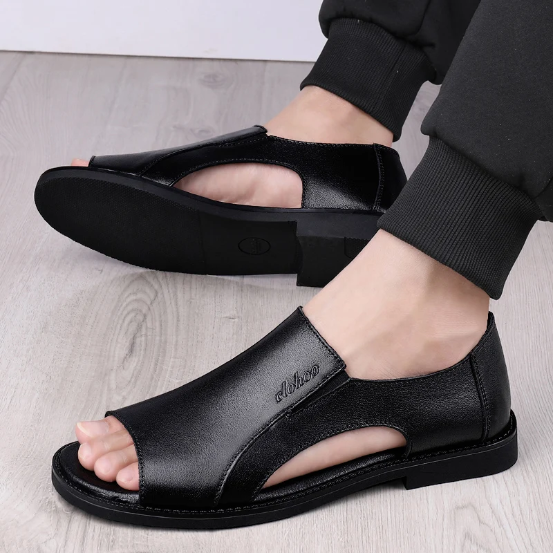 Men\'s Genuine Leather Slippers Summer Sandals Comfortable Walking Beach Sandals Outdoor Breathable Casual Shoes Flip Flops