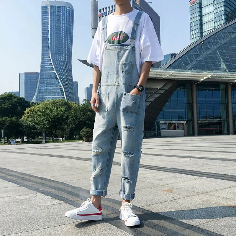 Ripped Men Jeans Bib Overalls Ankle Length  Multi-Pocket Hip Hop Hole Denim Jumpsuits Trousers Leisure Tattered Freight Pants