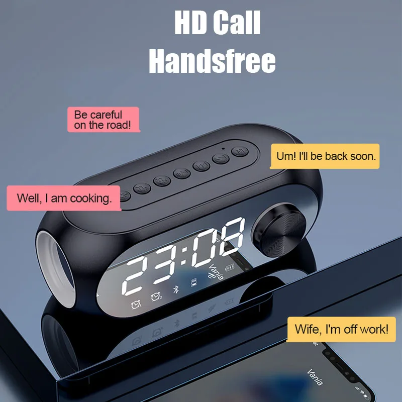 Receptor de Radio FM portátil, Altavoz Bluetooth, reproductor de música de sonido envolvente, luz LED nocturna con despertador, soporte de manos libres