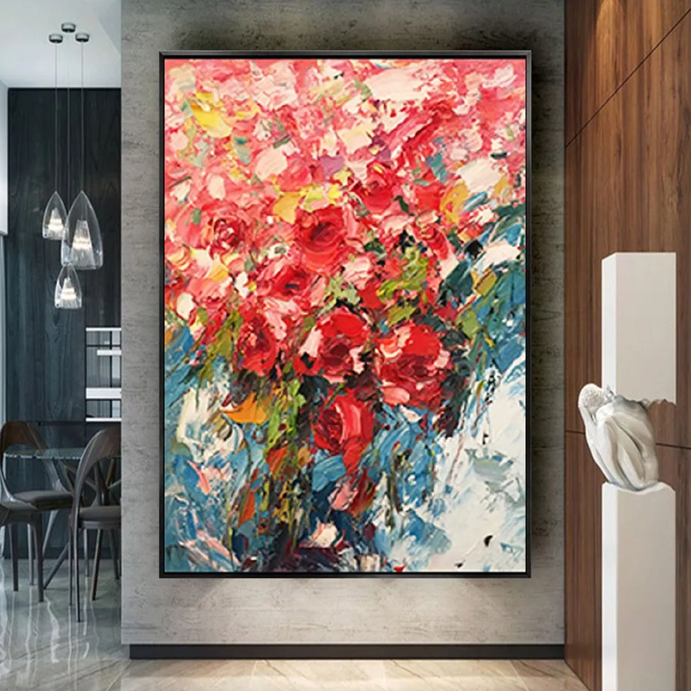 100% Hand-Painted Oil Painting Beautiful Red Pink Rose Flowers On Canvas Square Modern Decoration Home Decor Wall Art  Picture