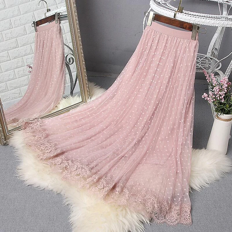 2023 Spring Elegant Lace Patchwork Mesh Midi Skirts Women Elastic waist Polka Dot print Pleated Skirt A Line Long Tulle Skirt