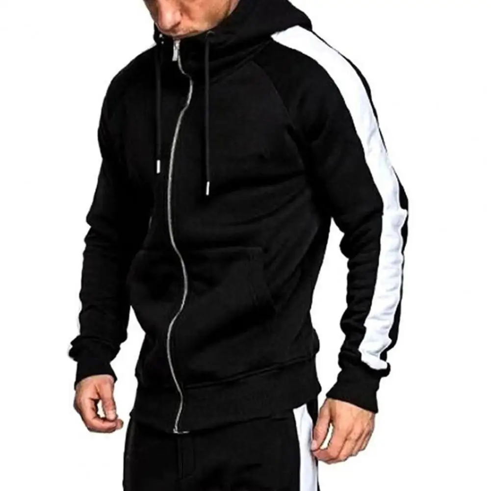 2 Pcs/Set Men Tracksuits Contrast Colors Hooded Drawstring Casual Sports Sets for Daily Wear