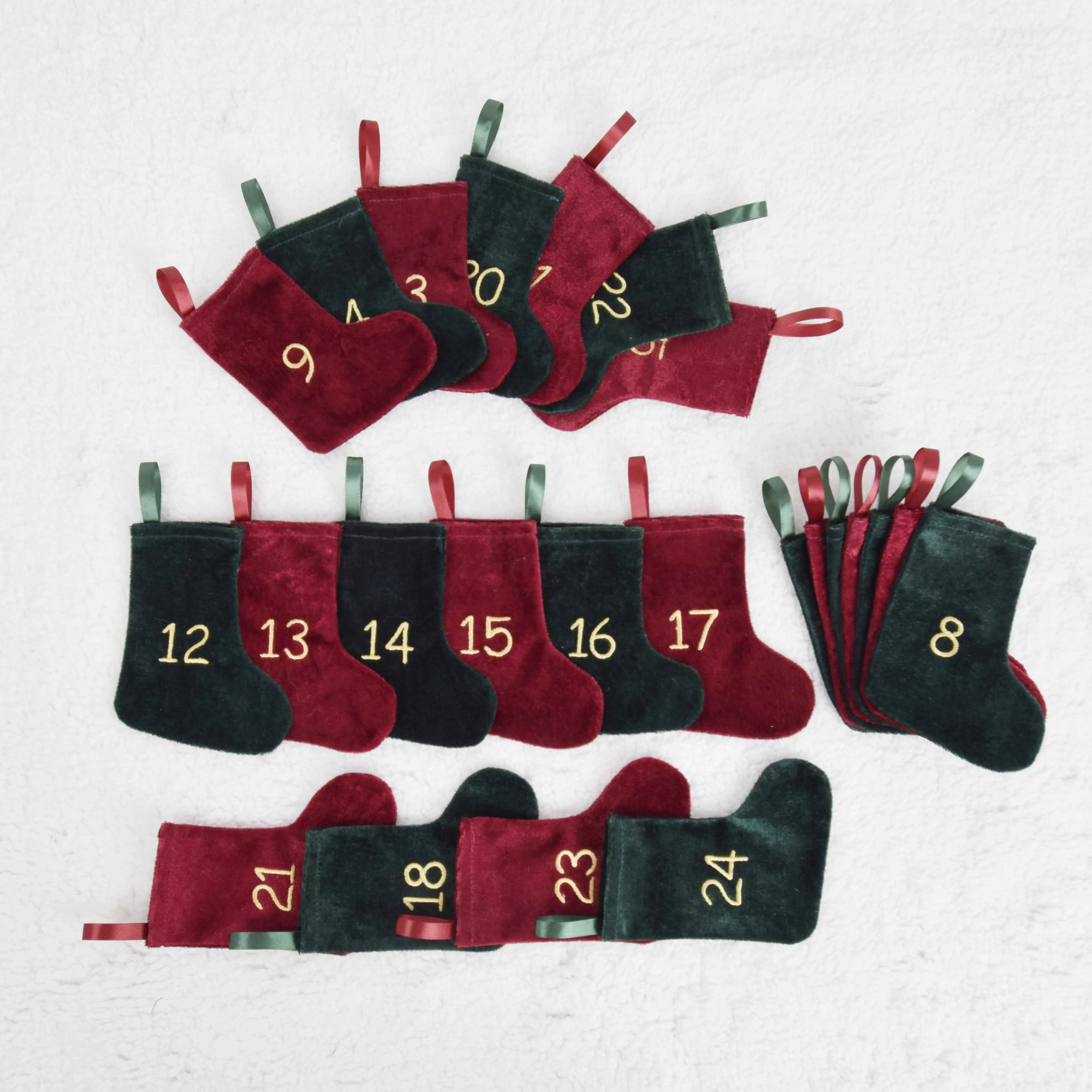 24pcs per set Christmas mini stocking Christmas decoration / embroidery numbers 1-24 an advent calendar socks/green and red