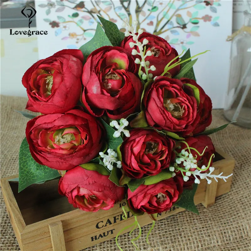 Ramo de flores artificiales de seda, 10 cabezas, rosas blancas, grandes, para decoración de bodas, flores falsas rojas para Decoración de mesa del hogar