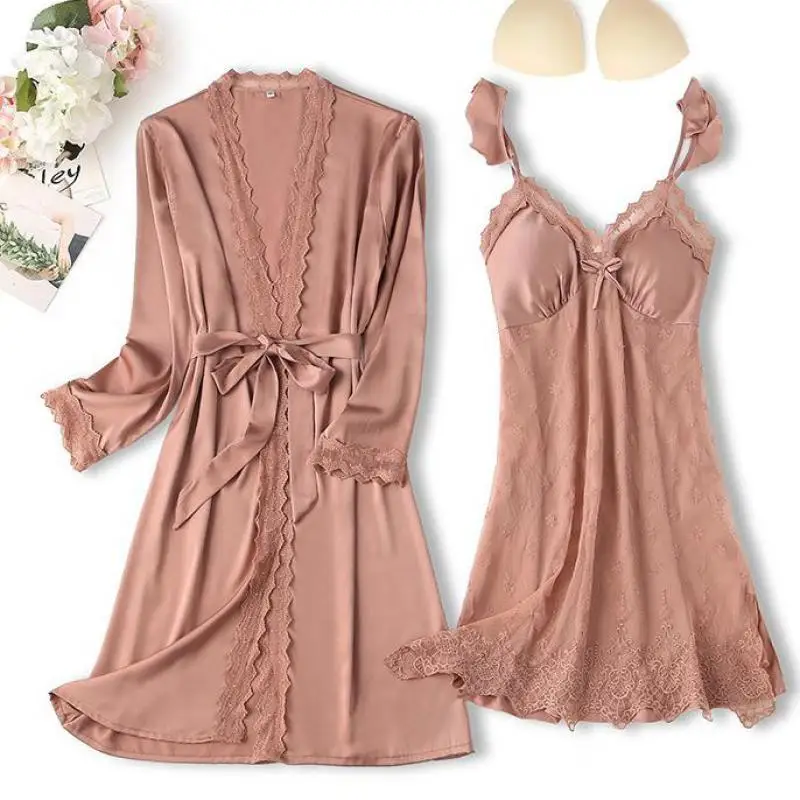 Summer Nighty&Robe Suit Women Satin Sleepwear Set Casual Kimono Bathrobe Gown Sexy Intimate Lingerie Silky Loose Home Clothes