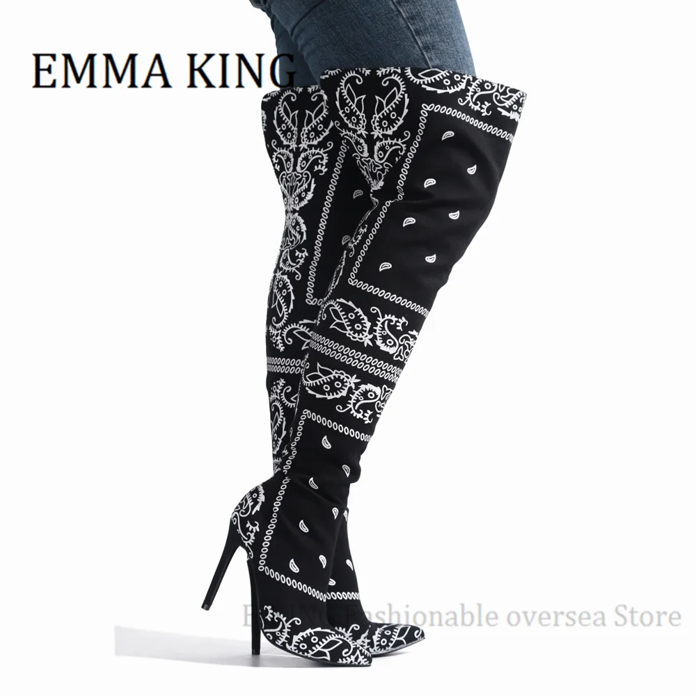 Bandana Prints Women Thigh High Boots Bad Girl Heels Over The Knee Boots Pointy Toe Silk Stiletto Botas Altas Mujer Size 35-44