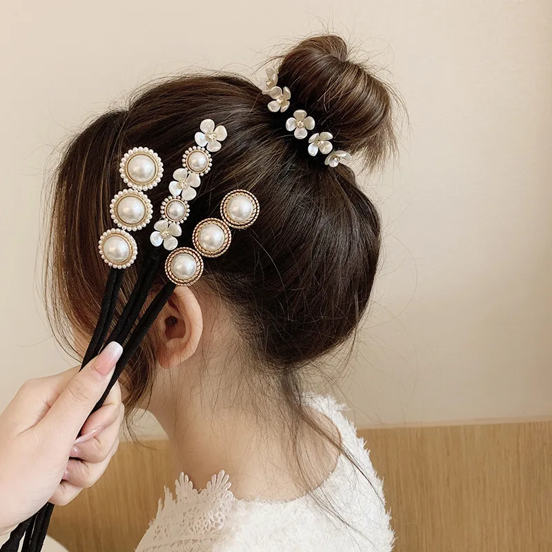 

Flower Pearl Magic Bun Maker Girl Hair Accessories Donut Device Quick Messy Women Hair Bands DIY Headband Tools Pearls Ribbon