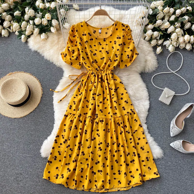 

2024 French slim drawstring Floral Print Summer Long Dress Party vestido de festa Women vestidos Casual Beach tunic A-Line Dress