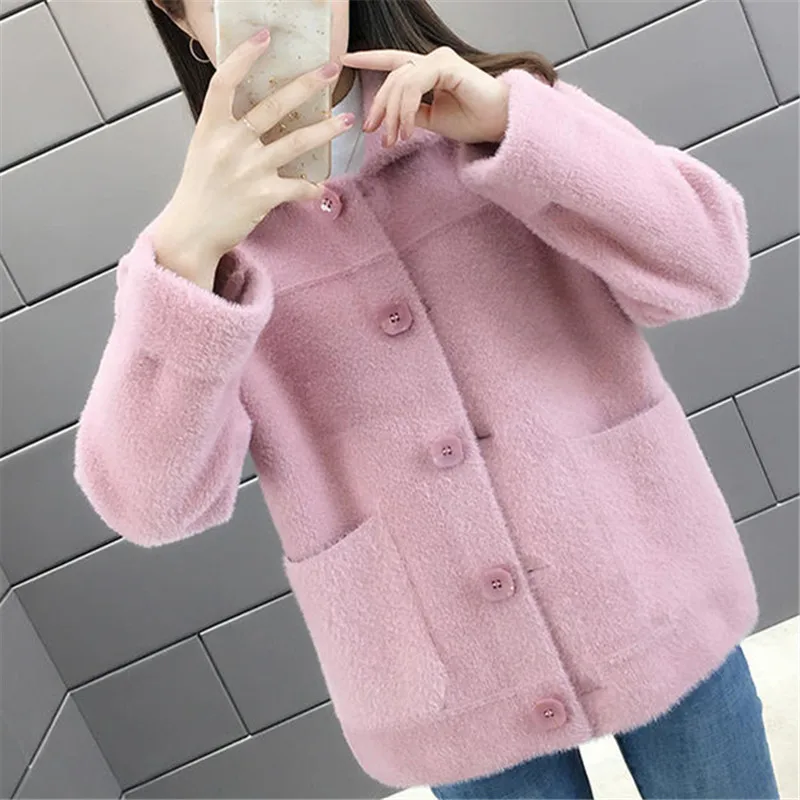 Autumn Winter Thick Faux Mink Cashmere Knitted Sweater Women Short Cardigan Outerwear Loose Casual Big Pocket Knit Jacket Female