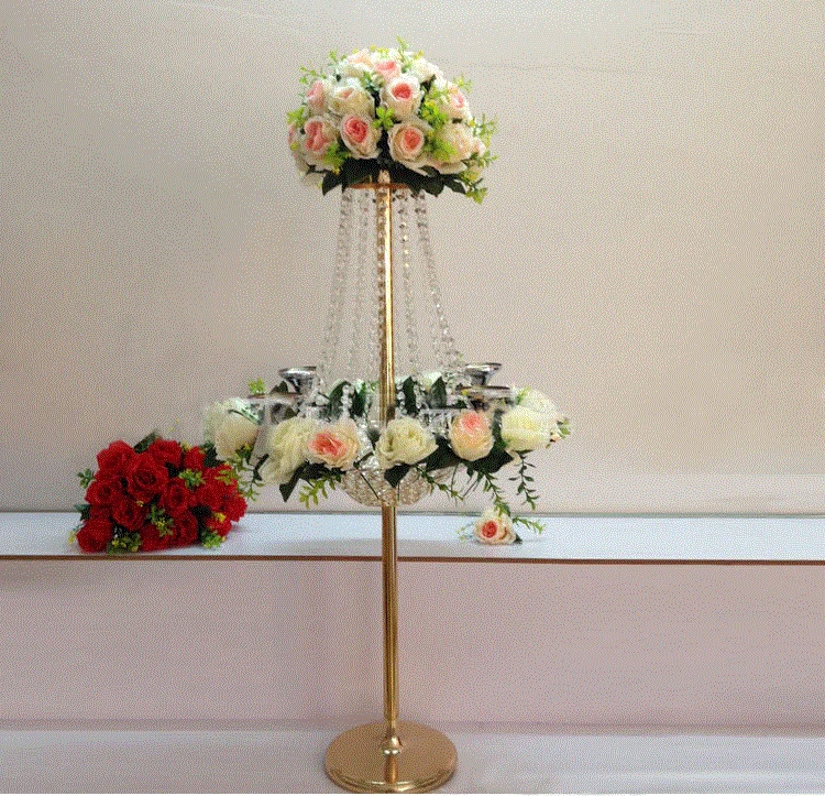 H100cm 10pcs  Crystal Acrylic Pendant Event Party Decor Props Tall Gold Flower Stand Backdrop Stand Candelabra0986